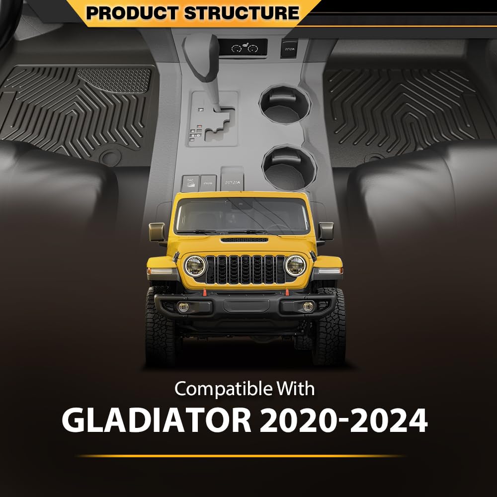 TPE Floor Mats Cargo Liners 3PCS, Compatible with Jeep Gladiator 2020-2024, 1st & 2nd Row, Floor Liner All Weather Full Cover Protection