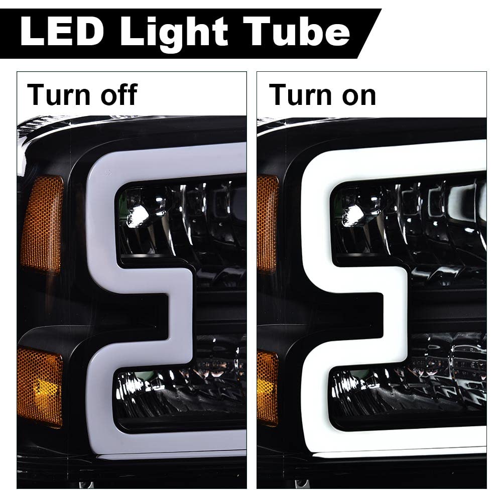 G-PLUS LED DRL Headlights Assembly Compatible with Ford F250 F350 F450 F550 Super Duty 2005-2007, Fit Ford Excursion 2005 Headlamps Assembly, Clear Lens Black Housing Amber Reflector