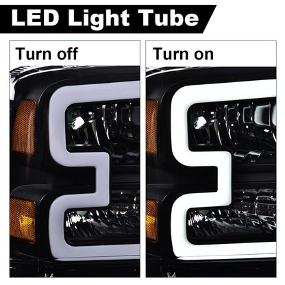 G-PLUS LED DRL Headlights Assembly Compatible with Ford F250 F350 F450 F550 Super Duty 2005-2007, Fit Ford Excursion 2005 Headlamps Assembly, Clear Lens Black Housing Amber Reflector
