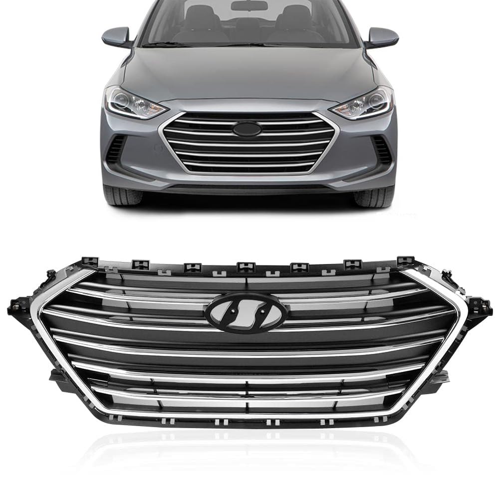 G-PLUS Front Upper Bumper Grille Compatible With Hyundai Elantra 2017 2018 Chrome & Black Grill Trim