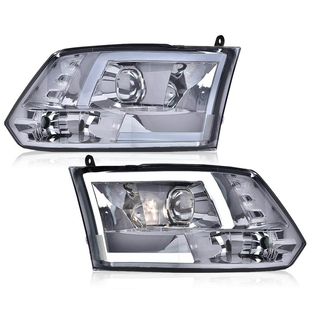 G-PLUS LED DRL Headlights Fit Dodge Ram 1500 2500 3500 2009-2012(New Body), Fit Factory Quad, Clear Lens Chrome Housing Amber Reflector Bumper Headlamps, faros Assembly