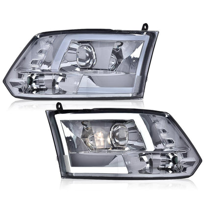 G-PLUS LED DRL Headlights Fit Dodge Ram 1500 2500 3500 2009-2012(New Body), Fit Factory Quad, Clear Lens Chrome Housing Amber Reflector Bumper Headlamps, faros Assembly