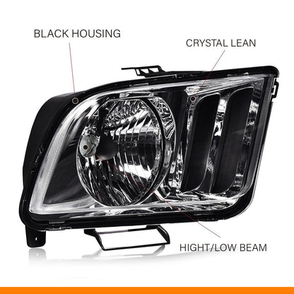 G-PLUS Headlights Compatible with Ford Mustang 2005-2009 Factory Halogen Headlamps Pair Clear Lens Chrome Housing Amber Reflector,faros delanteros