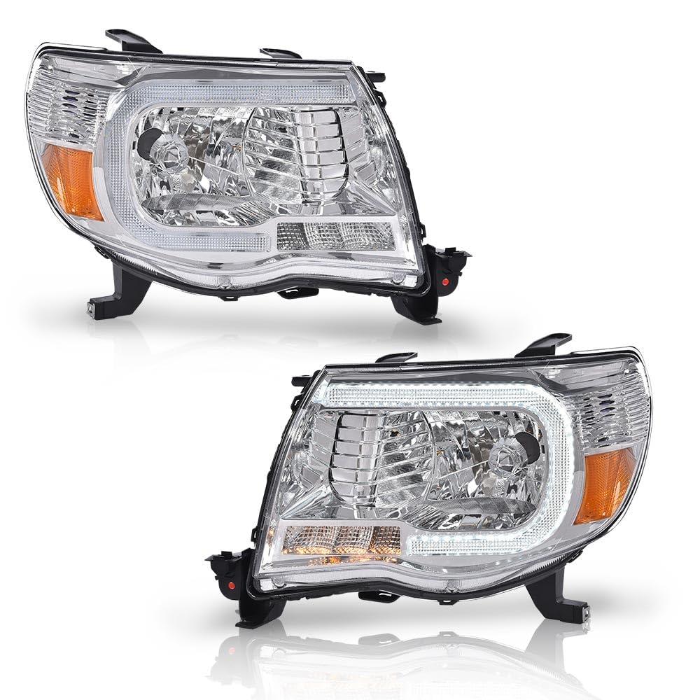 G-PLUS LED Headlights Assembly,Fit For 2005-2011 Toyota Tacoma,DRL Tube Halo Projector Headlamps w/o Bulbs,faros delanteros Clear lens Chrome Housing Amber Reflector Left & Right