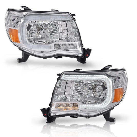 G-PLUS LED Headlights Assembly,Fit For 2005-2011 Toyota Tacoma,DRL Tube Halo Projector Headlamps w/o Bulbs,faros delanteros Clear lens Chrome Housing Amber Reflector Left & Right