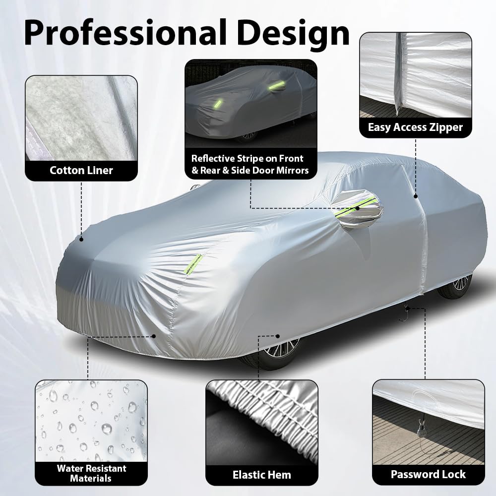 Car Cover Waterproof All Weather for Universal Sedan/SUV,Full Exterior Cover with Door Zipper and Cotton Lining