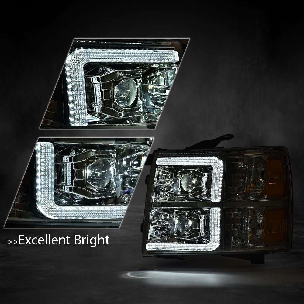 G-PLUS LED Dual Projector Headlights Assembly,Fit Chevy Silverado 1500 2007-2013/Fit 2007-2014 Silverado 2500 3500 & HD, Headlamps w/Bulbs,Clear Lens Chrome Housing Amber Reflector faros delanteros