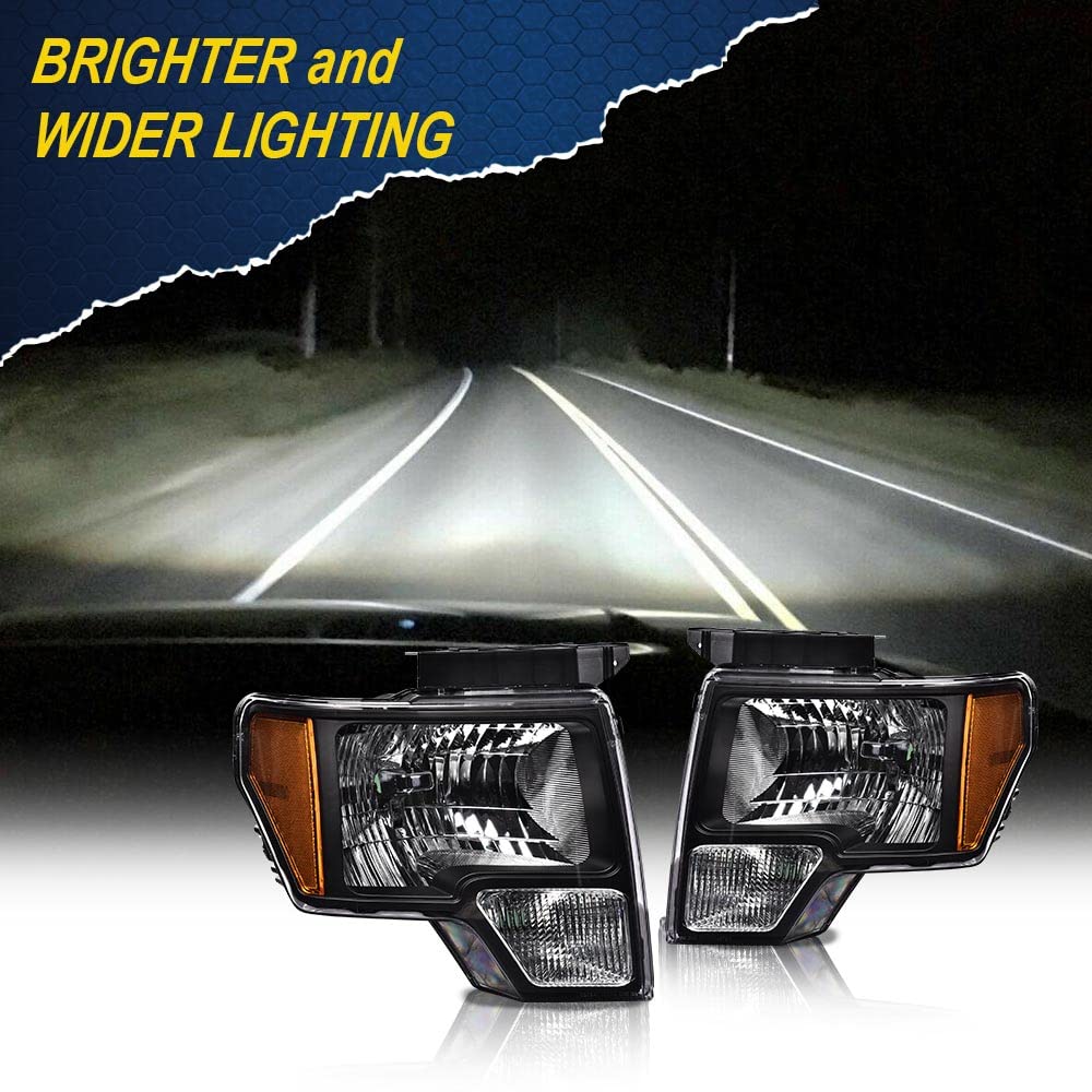 G-PLUS Headlights Assembly, Compatible with 2009 2010 2011 2012 2013 F150(NOT Fit LED Style,Only Fit without LED Style) Bumper Headlamp Clear lens Black Housing Amber Reflector