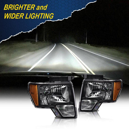 G-PLUS Headlights Assembly, Compatible with 2009 2010 2011 2012 2013 F150(NOT Fit LED Style,Only Fit without LED Style) Bumper Headlamp Clear lens Black Housing Amber Reflector