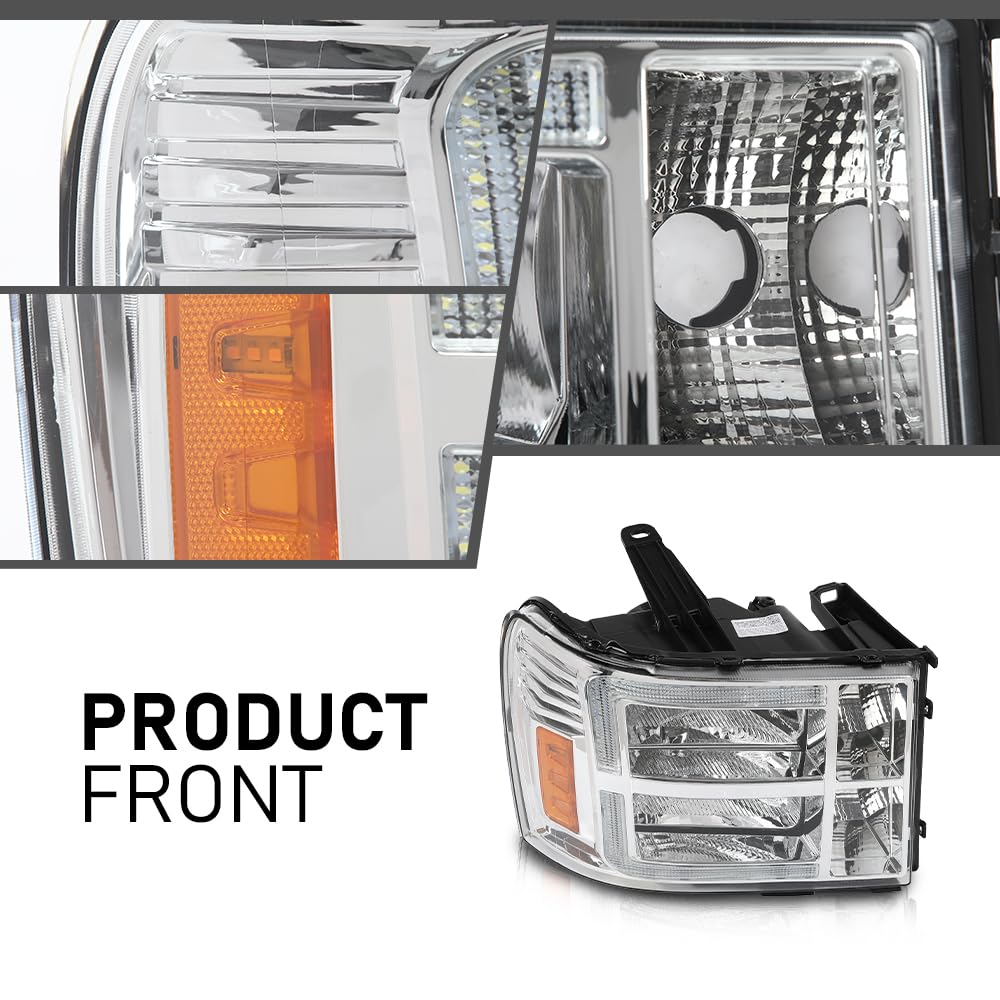G-PLUS LED Headlights Assembly Front Headlamps Left+Right Compatible with GMC Sierra 1500 2007-2013, Fit GMC Sierra 2500HD 3500HD 2007-2014 Clear Lens Chrome Housing Amber Reflector,faros delanteros