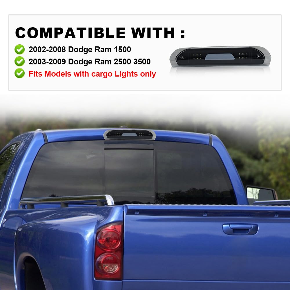 G-PLUS LED Third Brake Light Compatible with Dodge Ram 1500 2002-2008 & Ram 2500/3500 2003-2009, Smoked Lens High Mount Stop Light & Cargo Lamp Black Housing OEM 5072594AB