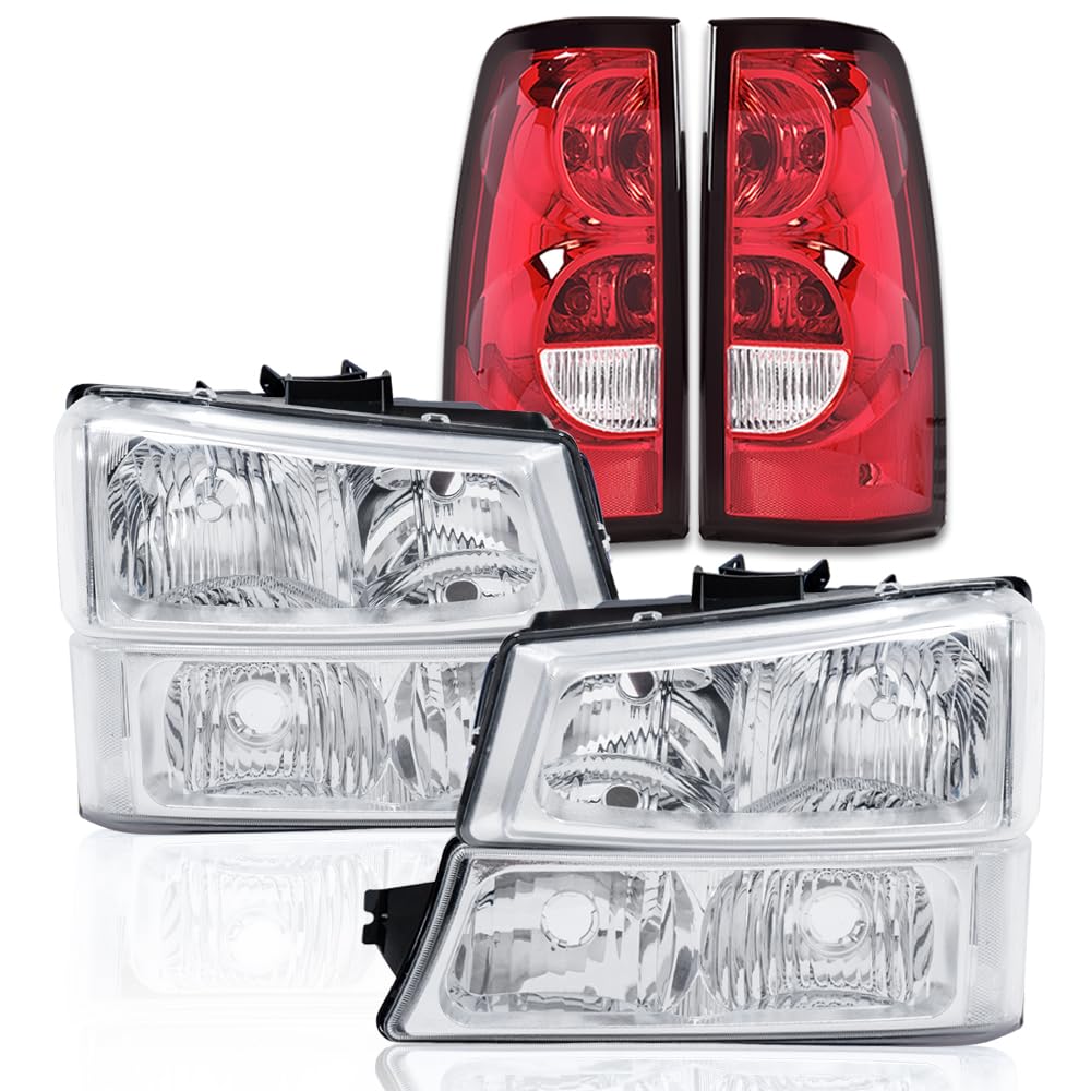 G-PLUS Headlights Assembly & Tail Lights Fit Chevy Silverado 1500 1500 HD 2500 2500 HD 2003-2006, Clear Lens Chrome Housing Clear Reflector Headlamps Assembly Red Taillights