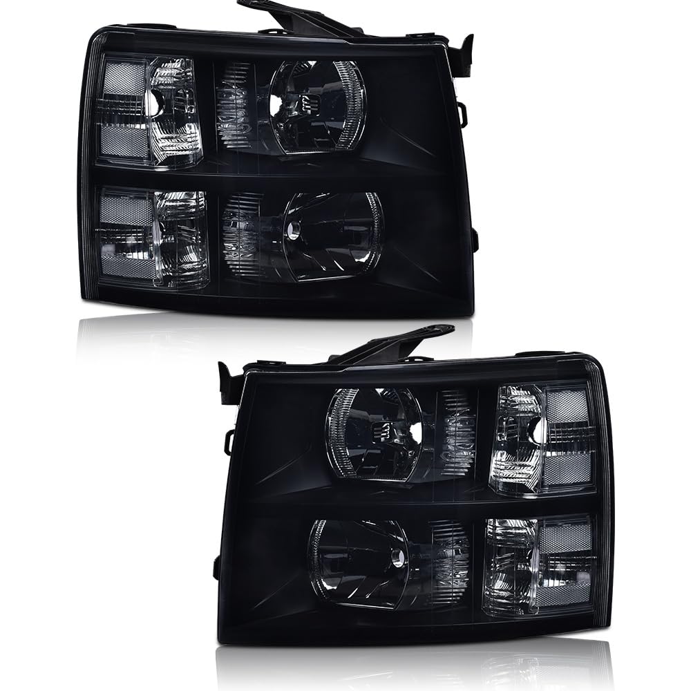 G-PLUS Headlights Assembly, Compatible with Chevy Silverado 2007-2013/Fit Chevy Silverado 2500 HD 3500 2007-2014 Bumper Headlamp, Smoky Lens Black Housing Clear Reflector