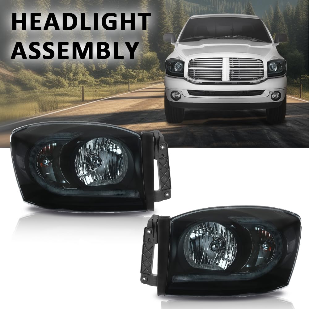 G-PLUS LED Headlights Assembly Headlamps Left Right Compatible with Dodge Ram 1500 2006-2008,Fit Dodge Ram 2500 3500 2006-2009 Smoke Lens Black Housing Clear Reflector,faros delanteros