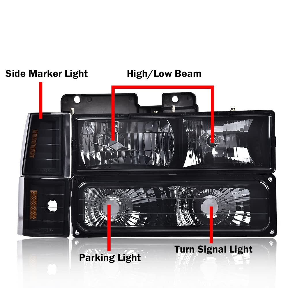 G-PLUS Headlights Assembly, Fit GMC C1500 K1500 Yukon 1994-1999 Bumper Headlamps, Smoky Lens Black Housing Amber Reflector