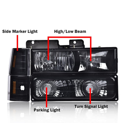 G-PLUS Headlights Assembly, Fit GMC C1500 K1500 Yukon 1994-1999 Bumper Headlamps, Smoky Lens Black Housing Amber Reflector