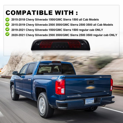 G-PLUS High Mount Rear 3rd Third Brake Light Compatible With 2014-2018 Chevy Silverado GMC Sierra 1500 2500 HD 3500 HD LED Cargo Tail Lamp Black Housing Smoky Red Lens
