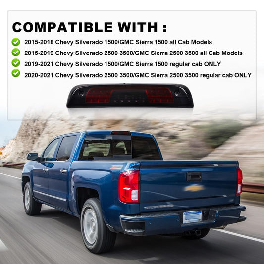 G-PLUS High Mount Rear 3rd Third Brake Light Compatible With 2014-2018 Chevy Silverado GMC Sierra 1500 2500 HD 3500 HD LED Cargo Tail Lamp Black Housing Smoky Red Lens
