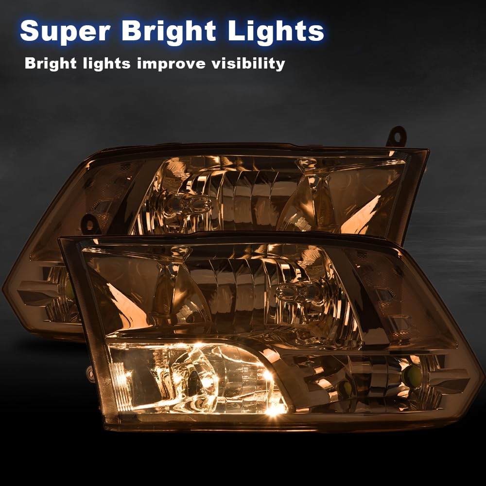 G-PLUS Headlights Fit Dodge Ram 1500 2500 3500 2009-2012 New Body, Only Fit Factory Quad, Smoky Lens Chrome Housing Clear Reflector, Headlamps, faros delanteros Assembly
