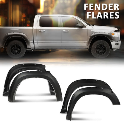 G-PLUS Fender Flares Pocket Riveted Compatible with Dodge Ram 1500 2WD/4WD 2019 2020 2021 2022 2023 NOT Fit Rebel Models Wheel Opening Molding Arch Trim 4PCS Black