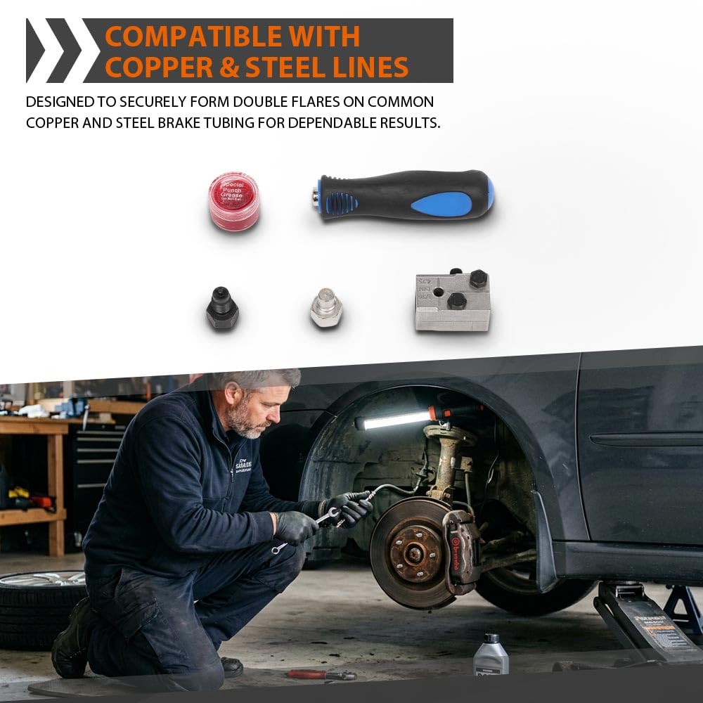 G-PLUS Universal Handheld Car Brake Line Flaring Tool Kit 3/16 Inch Double Flare Automotive Brake Fuel Line Repair Tool Set Black