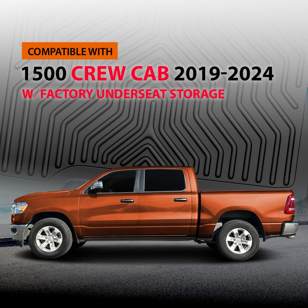 G-PLUS TPE Floor Mats Fit Dodge Ram 1500 Crew Cab 2019-2024 w/Factory Underseat Storage 2nd Row Truck Accessories Cargo Liners All Weather Protection 1x Alfombras para Carro Black