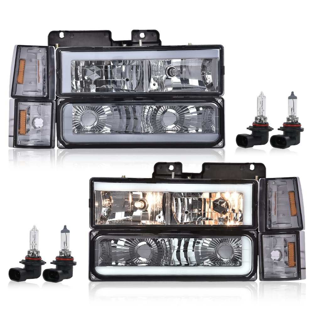 G-PLUS LED Corner Headlights w/Bulbs Fit GMC C/K1500 C/K2500 Yukon Suburban 1994-1999,Fit GMC C/K2500 C/K3500 1994-2000 Smoke Lens Chrome Housing Amber Reflector Bumper Headlamps,faros Assembly