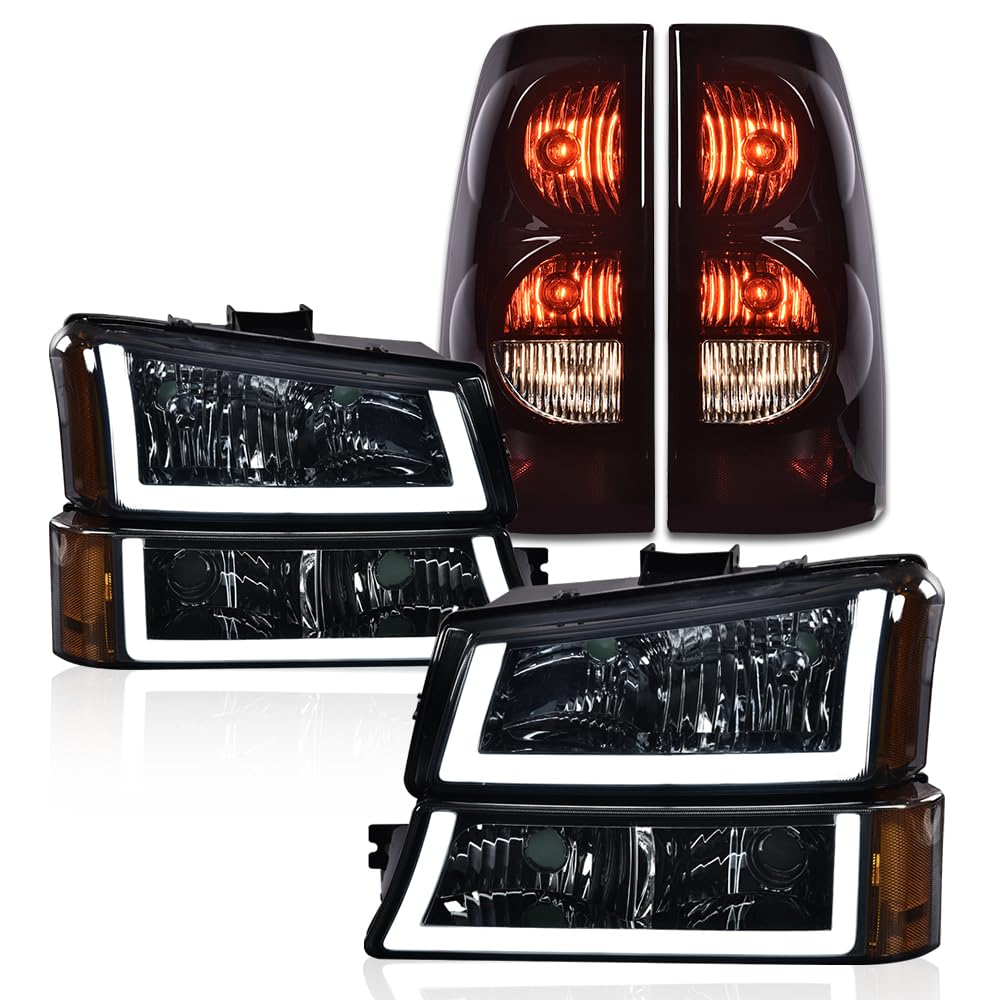 G-PLUS LED Headlights Assembly + Tail Lights Fit Chevy Silverado 1500 1500 HD 2500 2500 HD 2003-2006, Smoky Lens Chrome Housing Amber Reflector Headlamps Assembly Dark Red Taillights