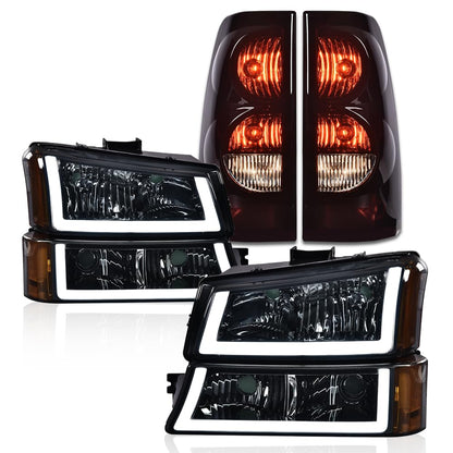 G-PLUS LED Headlights Assembly + Tail Lights Fit Chevy Silverado 1500 1500 HD 2500 2500 HD 2003-2006, Smoky Lens Chrome Housing Amber Reflector Headlamps Assembly Dark Red Taillights
