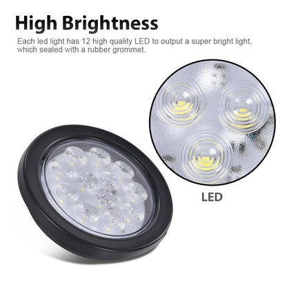 G-PLUS 4 Inch Round 12 LED Reverse Backup Tail Lights 2pcs Clear Lens Truck Trailer Lamp Universal Compatible with Trucks Trailers Tractors Semi-Trailer Dump Truck Bus Boat