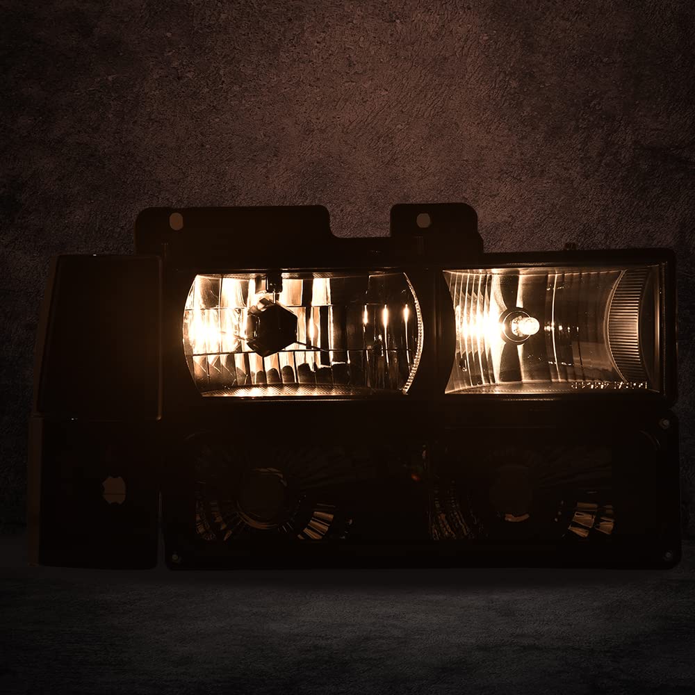 G-PLUS Headlights Assembly, Fit 1994 1995 1996 1997 1998 1999 GMC C1500 K1500 Yukon Bumper Headlamps, Smoky Lens Black Housing Clear Reflector