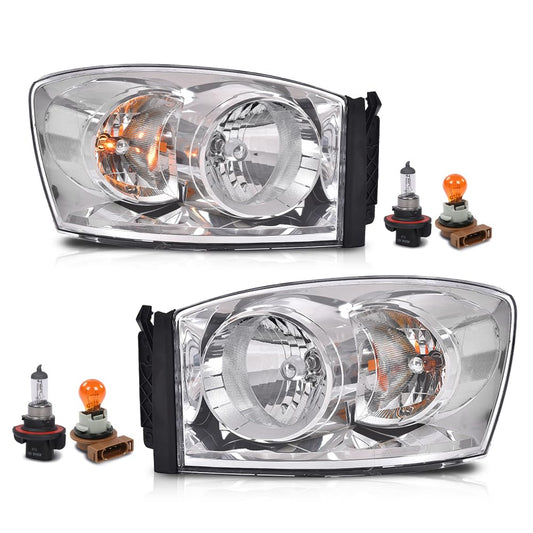 G-PLUS Headlights w/Bulbs Compatible with Dodge Ram 1500 2006-2008/Fit Dodge Ram 2500 3500 2006-2009,Clear Lens Chrome Housing Clear Reflector Left & Right Bumper Headlamps Assembly