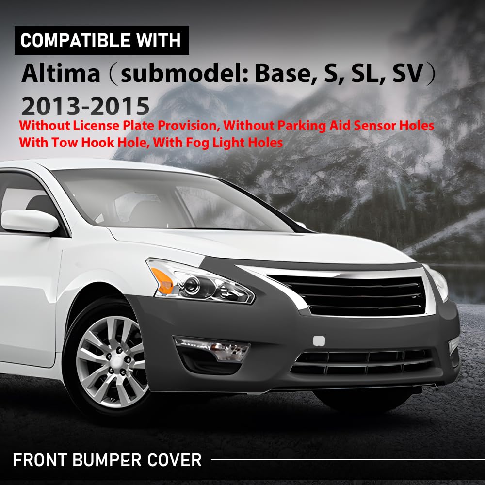 G-PLUS Front Bumper Cover Primed Fit Nissan Altima Base, S, SL, SV 2013-2015 w/Tow Hook Hole & Fog Light Holes w/o License Plate Provision & Parking, 620223TA0H