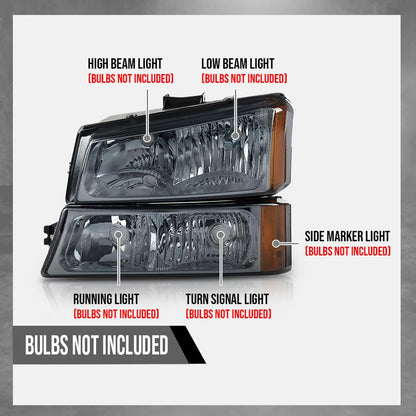 G-PLUS Headlights Assembly, Compatible with 2003 2004 2005 2006 Chevy Avalanche 1500 2500 Bumper Headlamps, Smoky Lens Chrome Housing Amber Reflector,faros delanteros