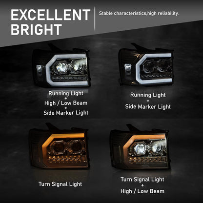 G-PLUS LED Dual convex Projector Headlights,Fit 2007-2013 GMC Sierra 1500/Fit GMC Sierra 2500HD 3500HD 2007-2014 Headlamps Assembly,Left&Right Clear Lens Chrome Housing Clear Reflector