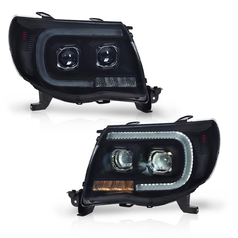 G-PLUS LED Tube Projector Headlights Headlamps W/o Bulbs Compatible with Toyota Tacoma 2005-2011 Smoke Lens Black Housing Clear Reflector Driver & Passenger Side,faros delanteros