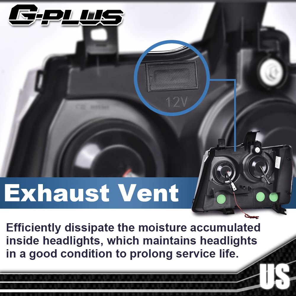 G-PLUS LED Tube Dual Projector Headlights, Compatible with 2007-2014 Chevy Tahoe/Suburban Bumper Headlamps Assembly, Smoky Lens Black Housing Amber Reflector,faros delanteros