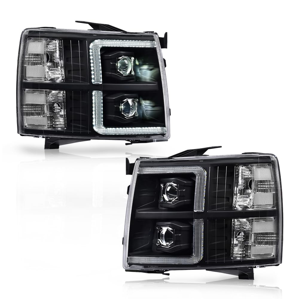 G-PLUS LED Tube Dual Projector Headlights w/Bulbs,Fit Chevy Silverado 1500 2007-2013/Fit Silverado 2500 3500 & HD 2007-2014, Headlamps faros delanteros,Clear Lens Black Housing Clear Reflector