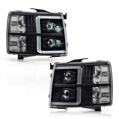 G-PLUS LED Tube Dual Projector Headlights w/Bulbs,Fit Chevy Silverado 1500 2007-2013/Fit Silverado 2500 3500 & HD 2007-2014, Headlamps faros delanteros,Clear Lens Black Housing Clear Reflector