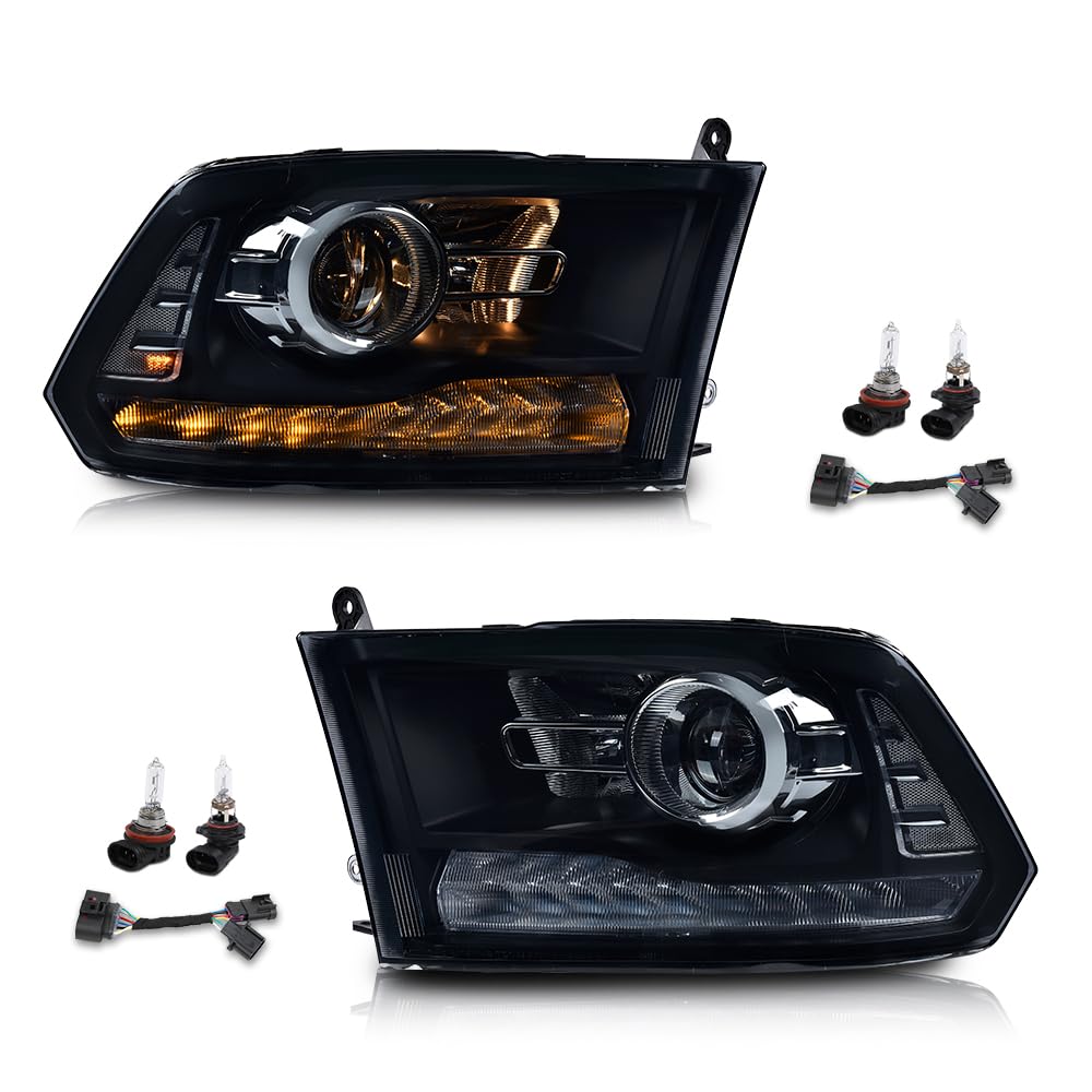 G-PLUS LED Projector Headlights Assembly,Compatible with 2009-2012 Dodge Ram 1500 2500 3500,Headlight Bar Plank Style Smoke Lens Black Housing Clear Reflector,Front Headlamp Left Right Pair