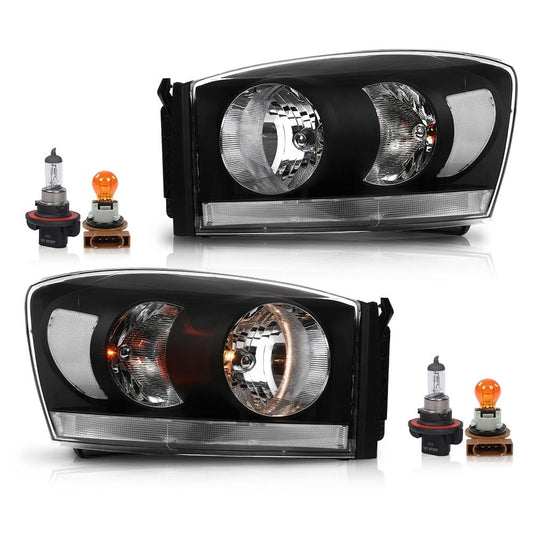 G-PLUS Headlights Assembly w/Bulbs Light Bar Left and Right Side Compatible with Dodge Ram 1500 2006-2008/Fit Dodge Ram 2500 3500 2006-2009 Clear Lens Black Housing Clear Reflector