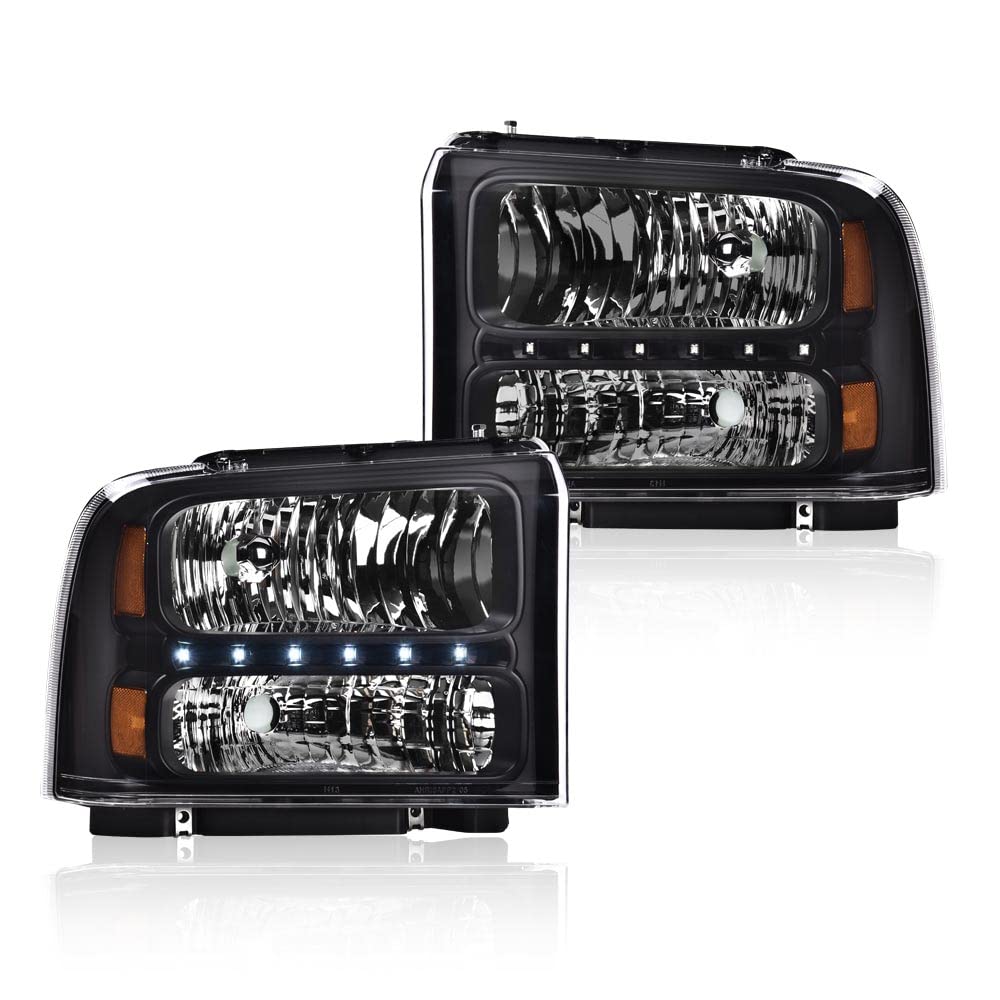 G-PLUS LED Headlights Compatible with Point Style Ford F250 F350 F450 F550 Super Duty 2005-2007 DRL BAR Headlamps Clear Lens Black Housing Amber Reflector,faros delanteros