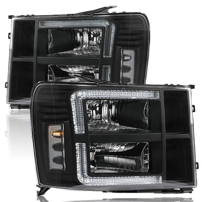 G-PLUS LED DRL Headlights Assembly Compatible with GMC Sierra 1500 2007-2013/Fit GMC Sierra 2500 HD 3500 HD 2007-2014 Headlamps Left & Right Clear Lens Black Housing Clear Reflector,faros delanteros