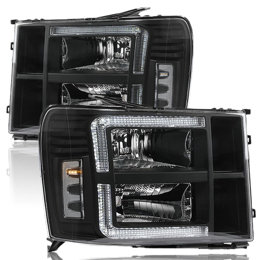 G-PLUS LED DRL Headlights Assembly Compatible with GMC Sierra 1500 2007-2013/HEADLIGHTS | Fit GMC Sierra 2500 HD 3500 HD 2007-2014 Headlamps Left & Right Clear Lens Black Housing Clear Reflector,faros delanteros