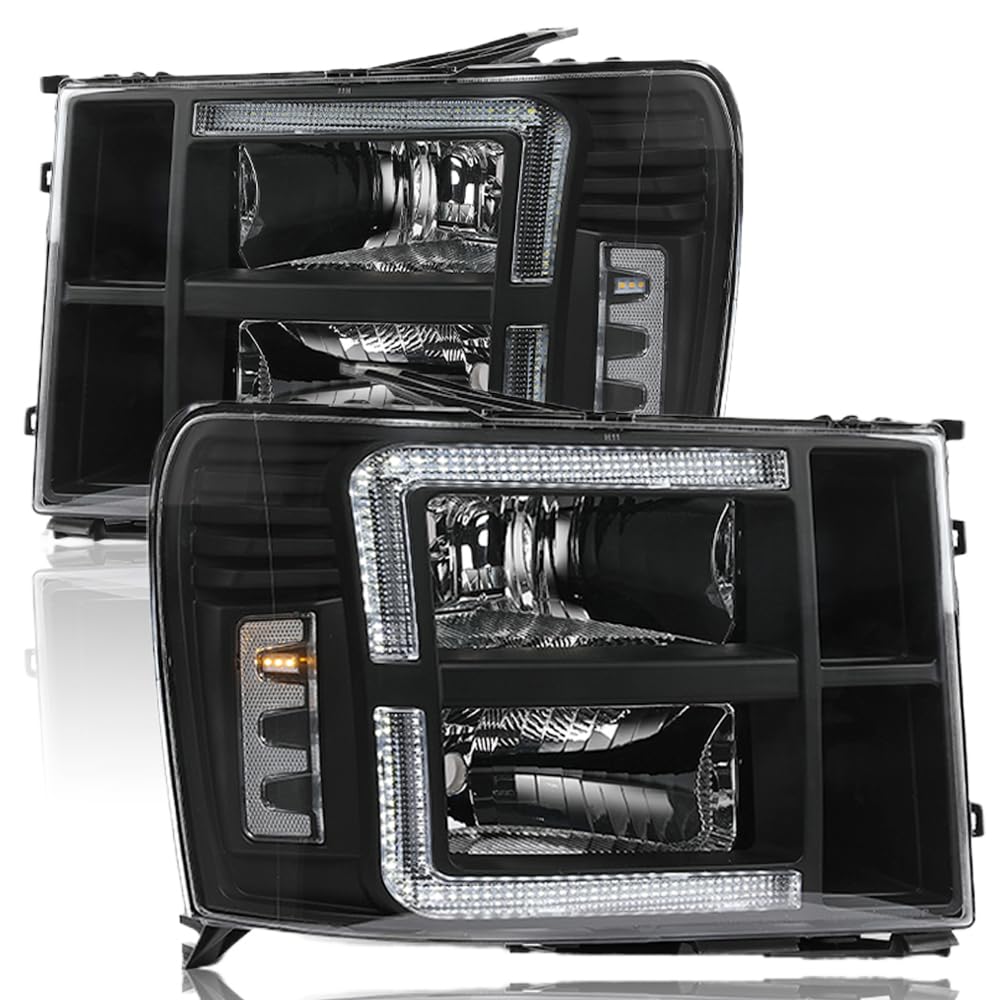 G-PLUS LED Headlights Assembly Front Headlamps Left+Right Fit GMC Sierra 1500 2007-2013, Fit GMC Sierra 2500HD 3500HD 2007-2014 Clear Lens Black Housing Clear Reflector 22853029,faros delanteros