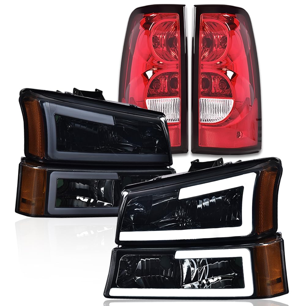 G-PLUS LED DRL Headlights Assembly & Tail Lights Fit Chevy Silverado 1500 1500 HD 2500 2500 HD 2003-2006, Smoky Lens Chrome Housing Amber Reflector Headlamps Assembly Red Taillights