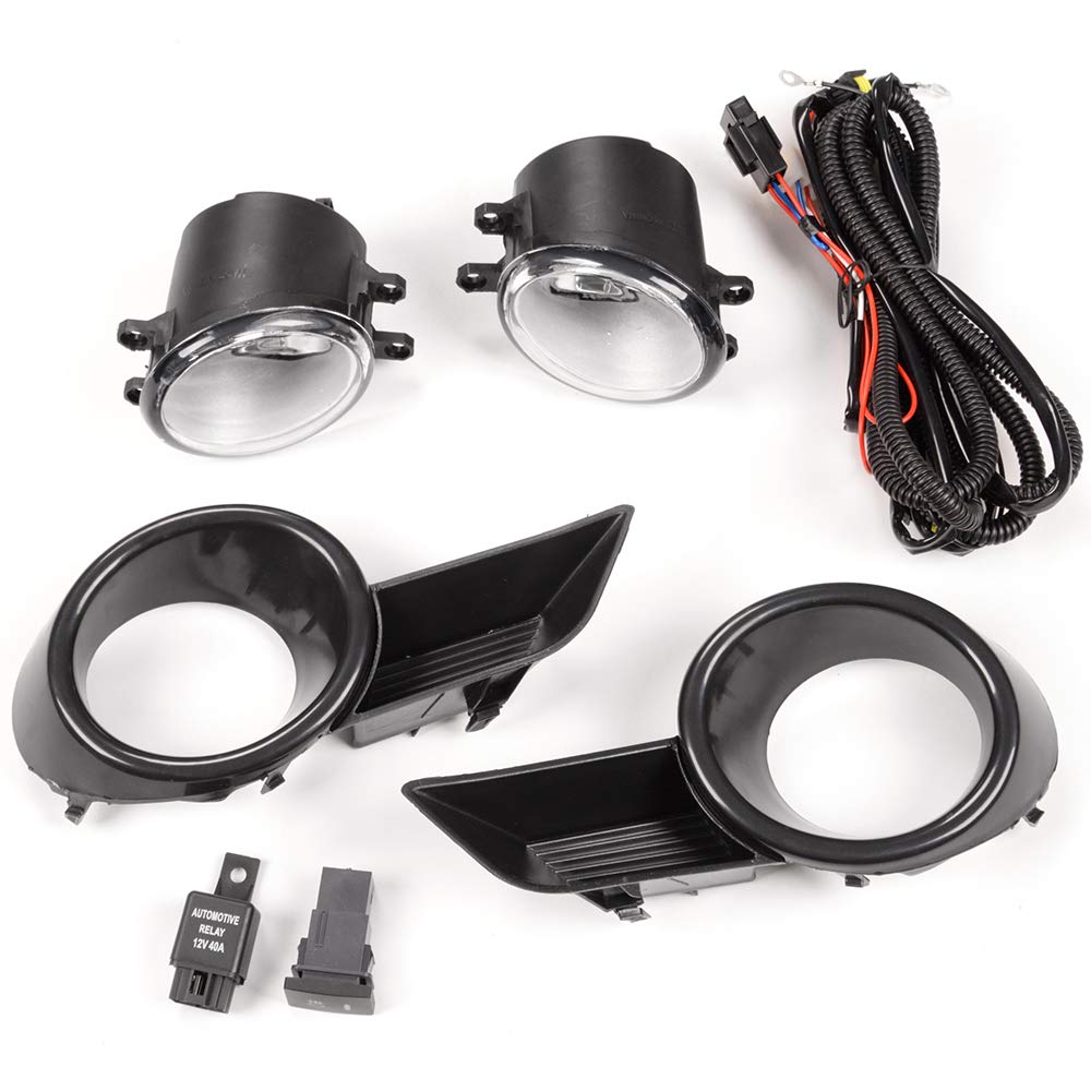 G-PLUS Front Fog Lights Assembly Compatible With 2008-2010 Toyota Highlander Clear Driving Fog Lamps W/Bulbs+Switch+Chrome Bezels Kit