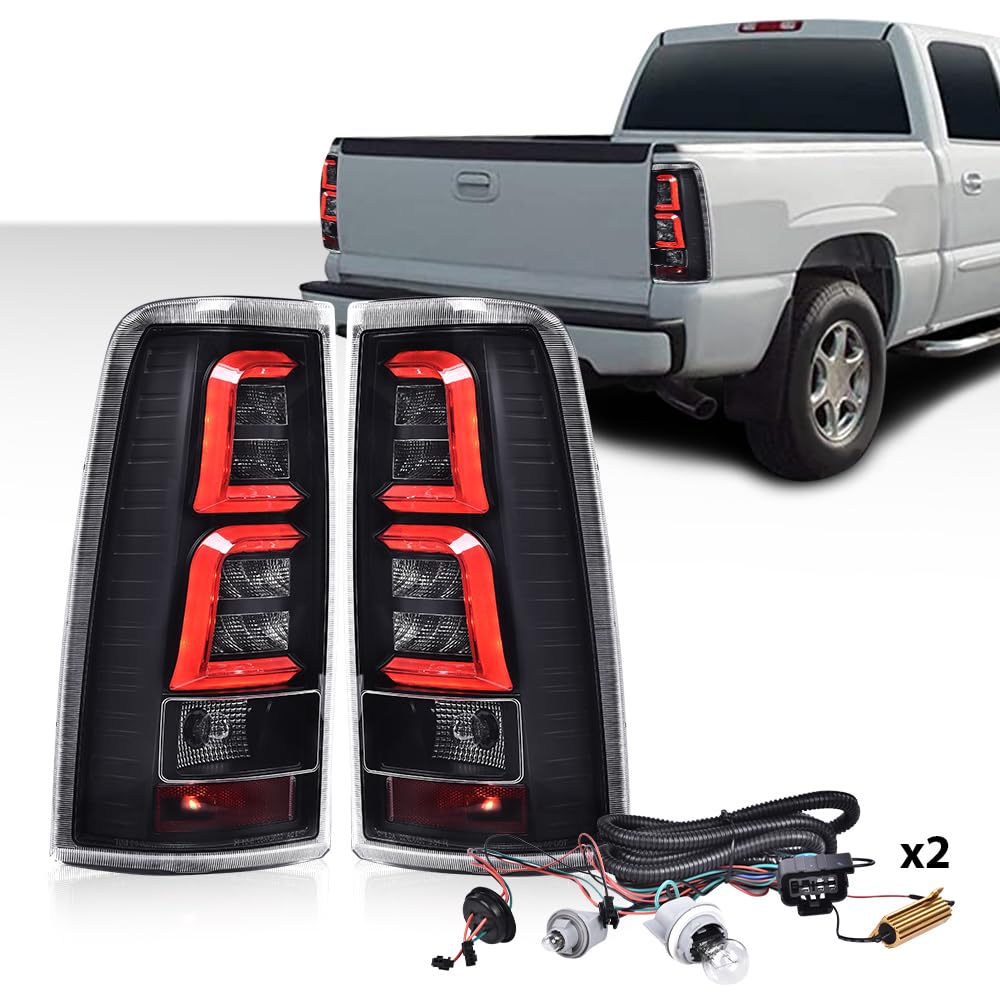 G-PLUS Tail Lights w/Wiring Harness Pair, Compatible with Chevy Silverado 2003-2006 Driver Left Side & Passenger Right Side Tail Lamps, Clear Lens Black Housing with Red light bar GM2800174 GM2801174