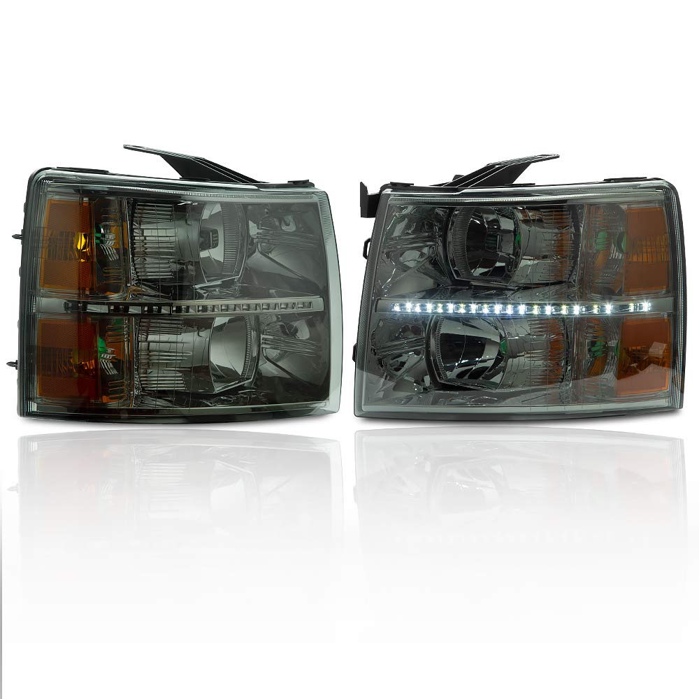 G-PLUS LED DRL Headlights, Fit 2007-2013 Chevy Silverado 1500/Fit 2007-2014 Chevy Silverado 2500 3500 & HD Models Bumper Headlamps, Smoky Lens Chrome Housing Amber Reflector,faros delanteros