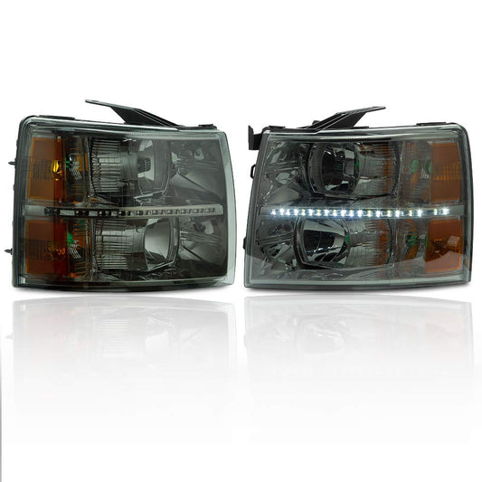 G-PLUS LED DRL Headlights, Fit 2007-2013 Chevy Silverado 1500/Fit 2007-2014 Chevy Silverado 2500 3500 & HD Models Bumper Headlamps, Smoky Lens Chrome Housing Amber Reflector,faros delanteros